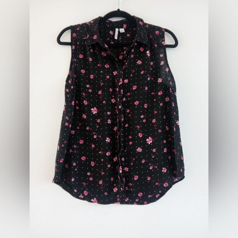Elle Black Pink Floral Polka Dot Sleeveless Blouse Size Small